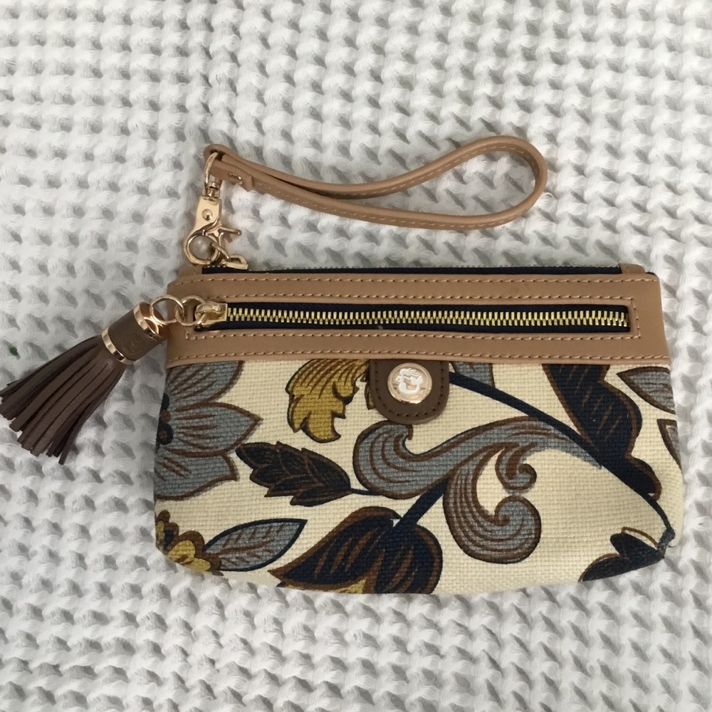 💜SALE💜SPARTINA Linen Leather Wristlet Wallet Floral Mermaid Tassel Logo